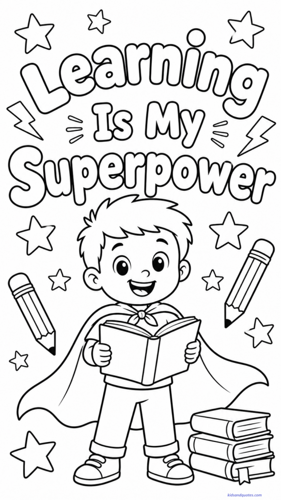 Coloring page showing a cute student wearing a superhero cape while holding an open book. The phrase “Learning Is My Superpower” in large clear letters above or around the child.
