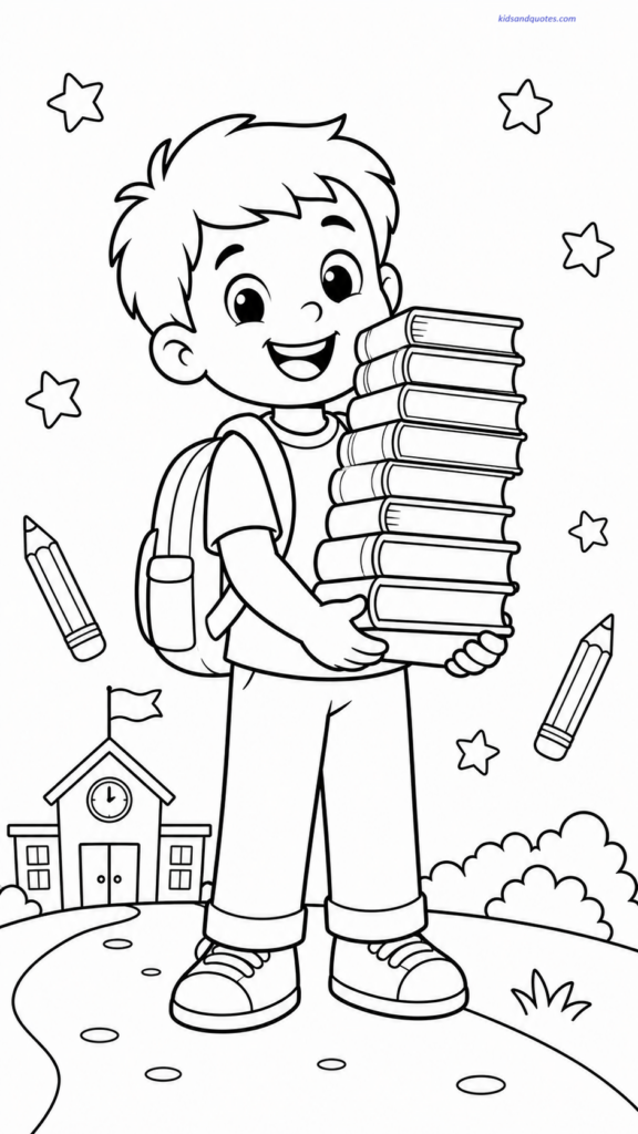 A happy young student holding a tall stack of books close to their chest.
