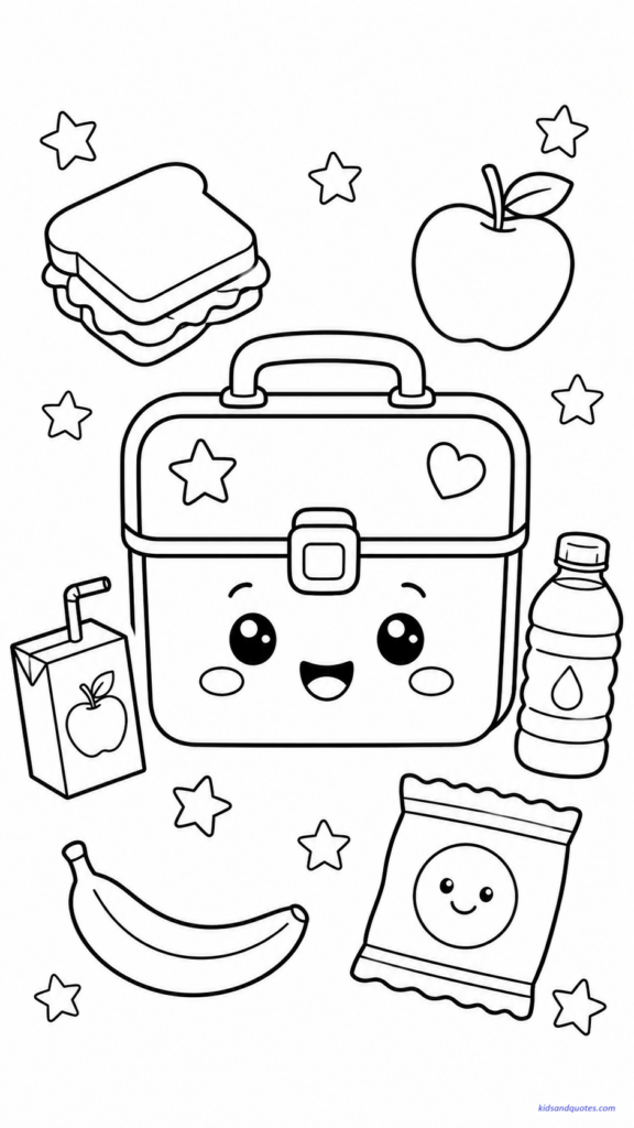 Coloring page featuring a cute lunch box with a smiling face in the center.