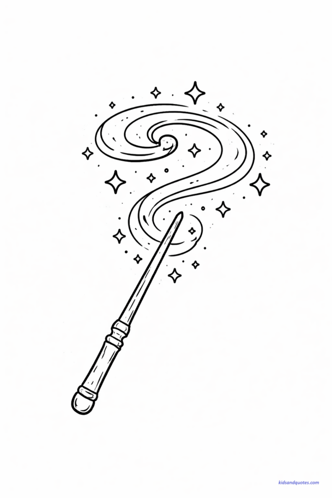 Coloring page of Simple magic wand casting a soft swirl or spark trail, minimal elements.