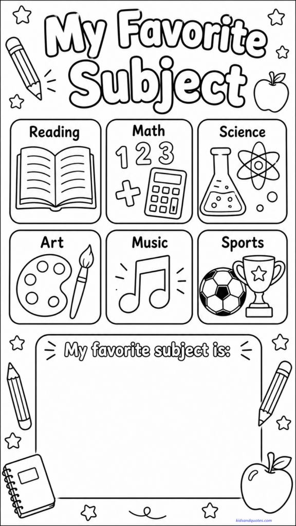 Coloring page titled “My Favorite Subject" - simple school icons for reading, math, science, art, music, and sports, each inside a small rounded section.