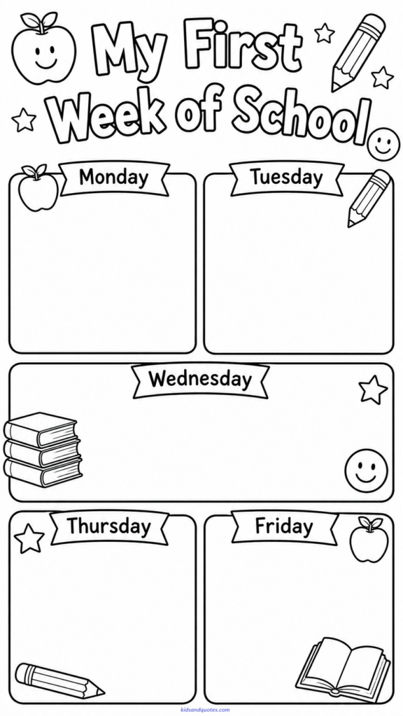 Printable memory coloring page titled “My First Week of School.”