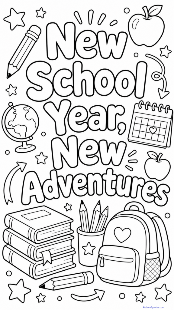 Coloring page featuring a school-themed design with a calendar, stack of books, pencils, backpack, and the phrase “New School Year, New Adventures” in large playful lettering. 