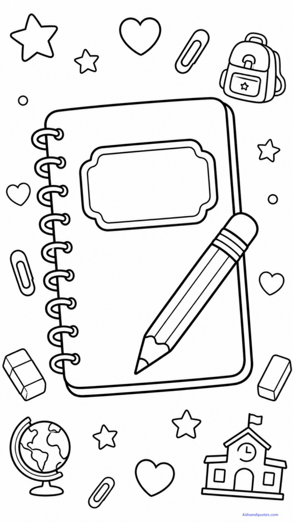 Back to School Coloring Page featuring a spiral notebook in the center with a large pencil resting diagonally across it. 