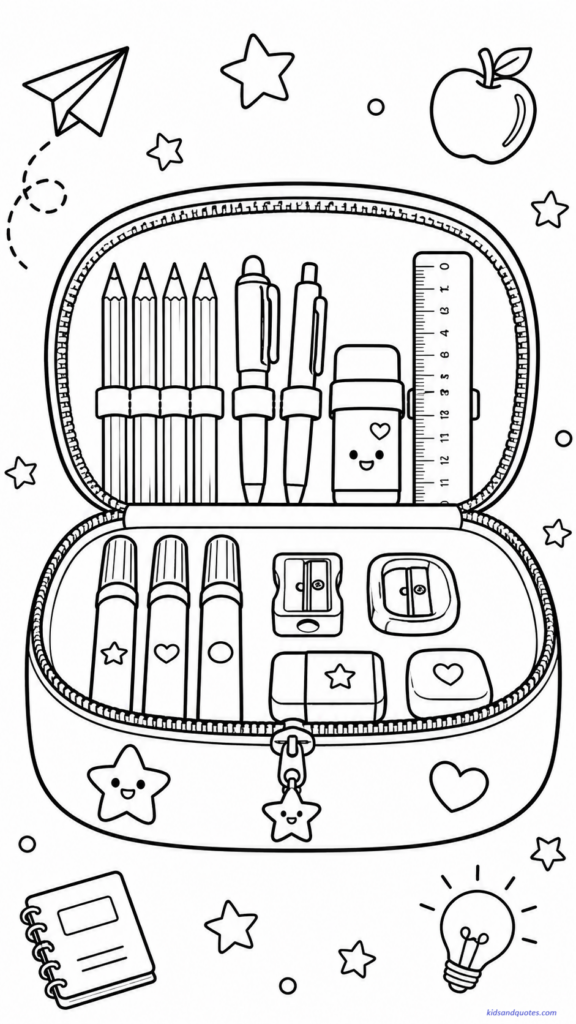 Coloring page showing an open pencil case filled with pencils, pens, erasers, sharpeners, markers, and a ruler.