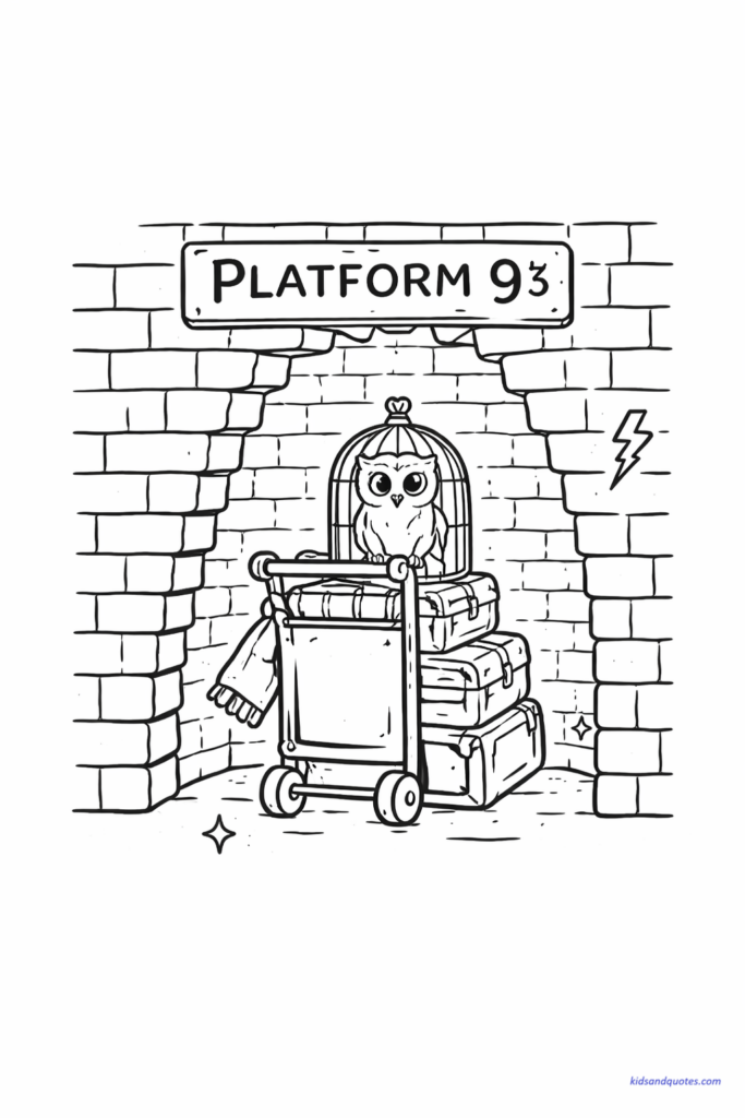 Coloring page PDF of cute Platform 9¾ scene with a small trolley halfway through a brick wall, simple bricks, tiny lightning symbol detail.