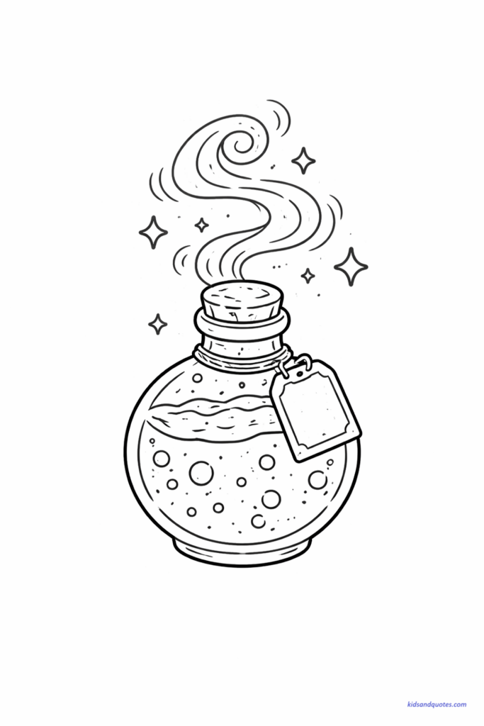 Cute rounded potion bottle with bubbly liquid inside and soft smoke curls above, simple label shape.