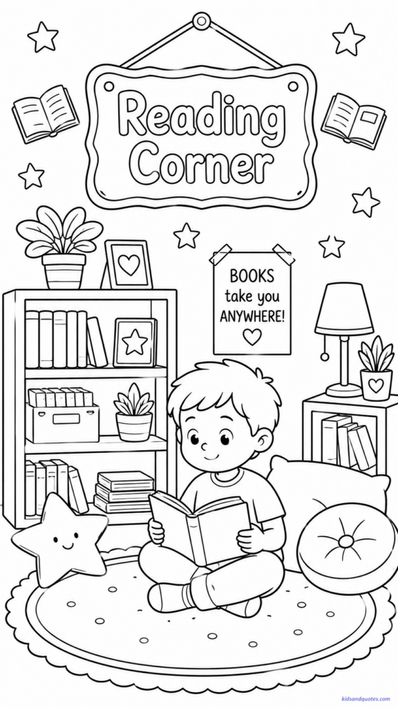 Coloring page showing a peaceful classroom reading corner - a child reading quietly on a rug, soft cushions, a bookshelf, a small lamp, a plant, and a “Reading Corner” sign. 