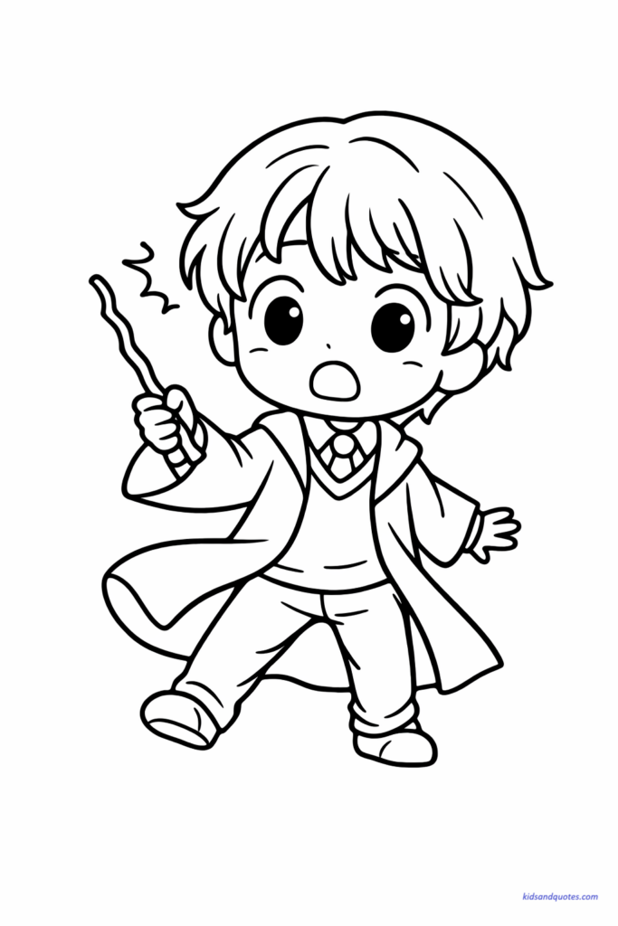Coloring page of cute chibi Ron Weasley with wide eyes and surprised expression, holding a slightly crooked wand, playful pose.