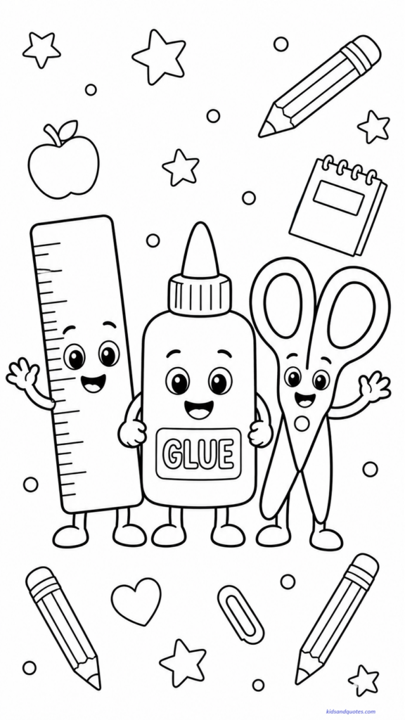 Coloring page showing a cute school supplies trio: a ruler, glue bottle, and child-safe scissors standing together with friendly faces.