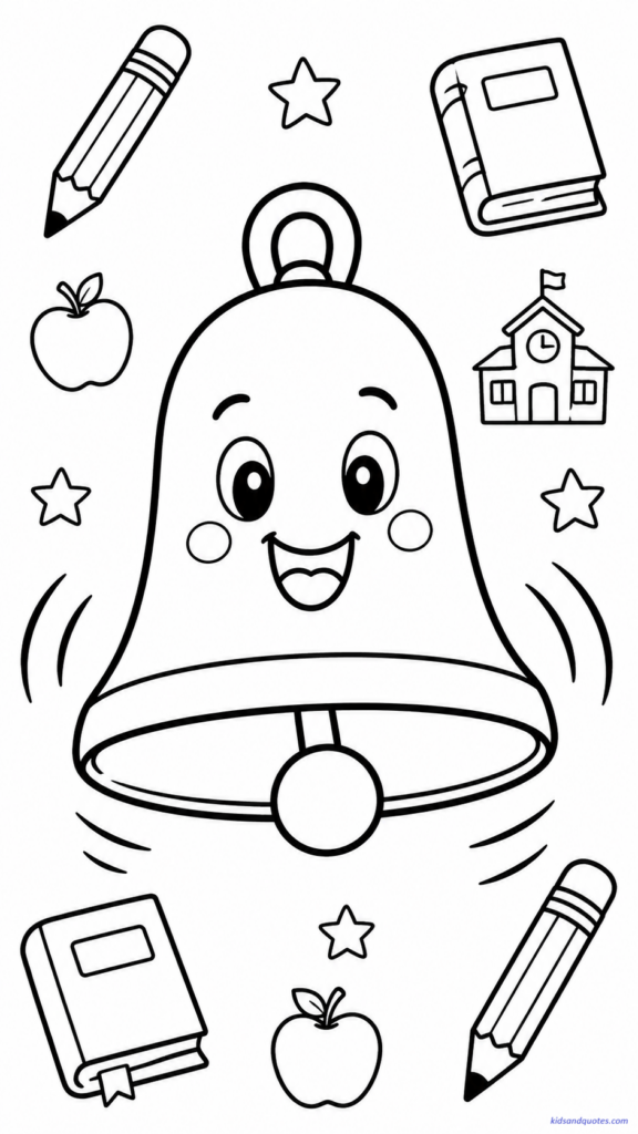 Coloring page featuring a large ringing school bell in the center.