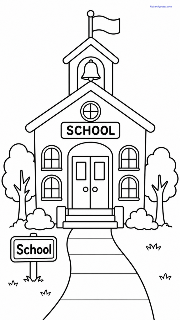 Coloring page showing a classic school building with a bell tower, front steps, large doors, windows, a flag, trees, and a walkway.