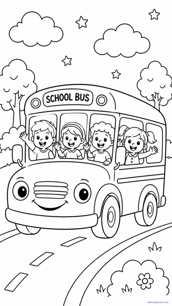 Coloring page featuring a friendly school bus with a smiling front, big round wheels, simple windows, and children waving from inside.