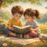 A collection of short poems for kids: Watercolor-style painting of two young children sitting under a tree, reading poems together on a picnic blanket, surrounded by flowers and warm sunlight.
