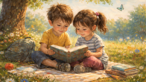 A collection of short poems for kids: Watercolor-style painting of two young children sitting under a tree, reading poems together on a picnic blanket, surrounded by flowers and warm sunlight.
