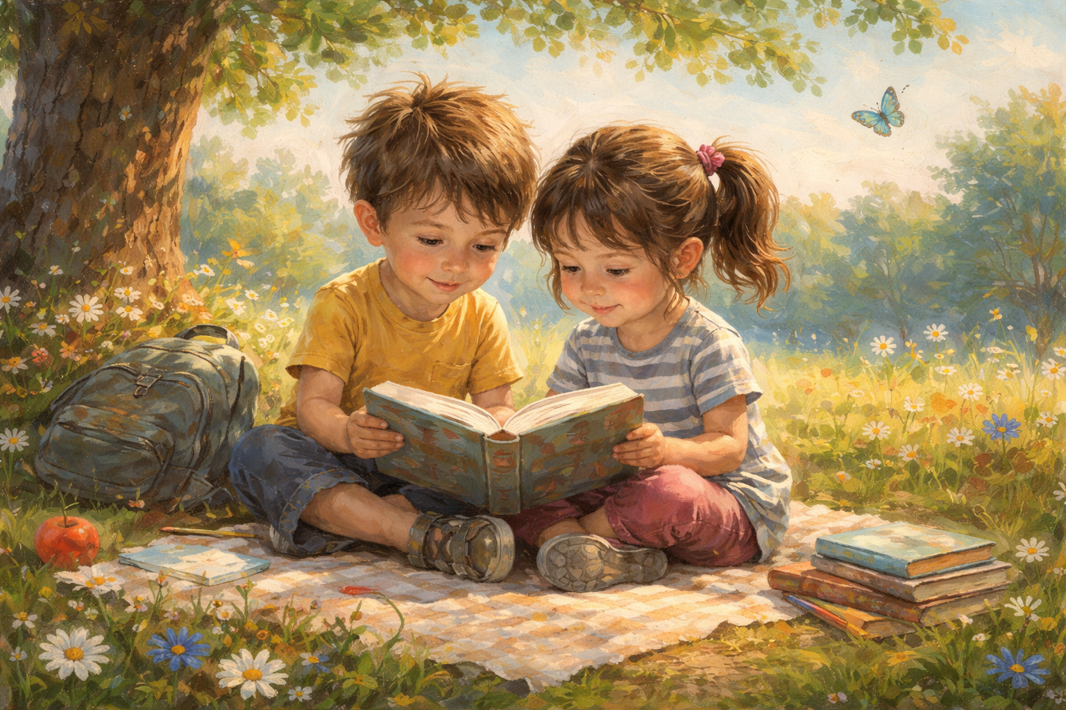 A collection of short poems for kids: Watercolor-style painting of two young children sitting under a tree, reading poems together on a picnic blanket, surrounded by flowers and warm sunlight.