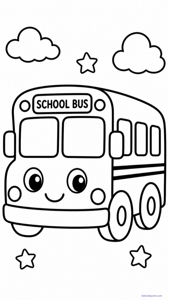 Simple coloring page showing one large school bus with bold outlines, big wheels, simple windows, and minimal details.