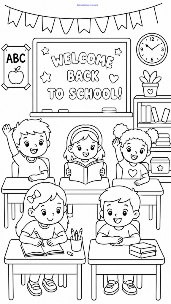 Coloring page showing a friendly classroom with several students sitting at desks. 