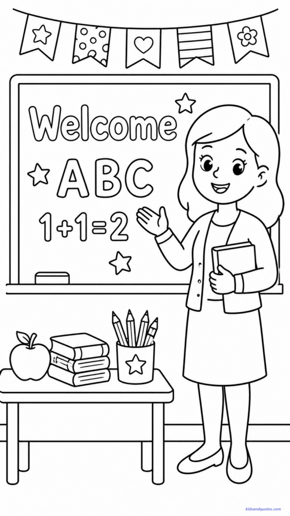 Coloring page showing a smiling teacher standing beside a classroom chalkboard.