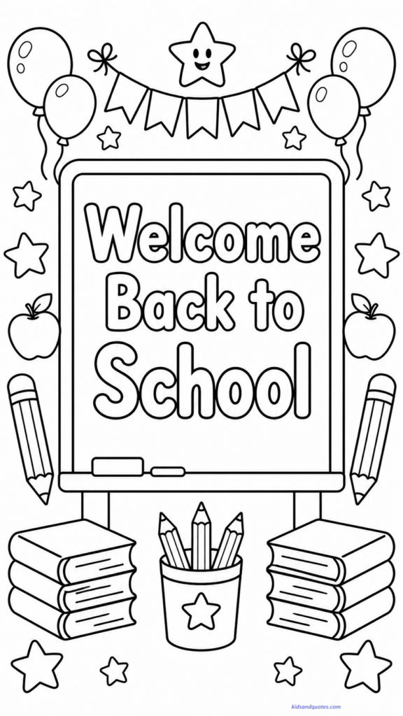 Coloring page of a decorated classroom chalkboard with the words “Welcome Back to School” in large clear letters.