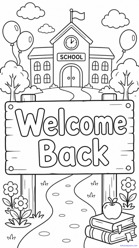 Coloring page showing a large outdoor school sign that says “Welcome Back.”