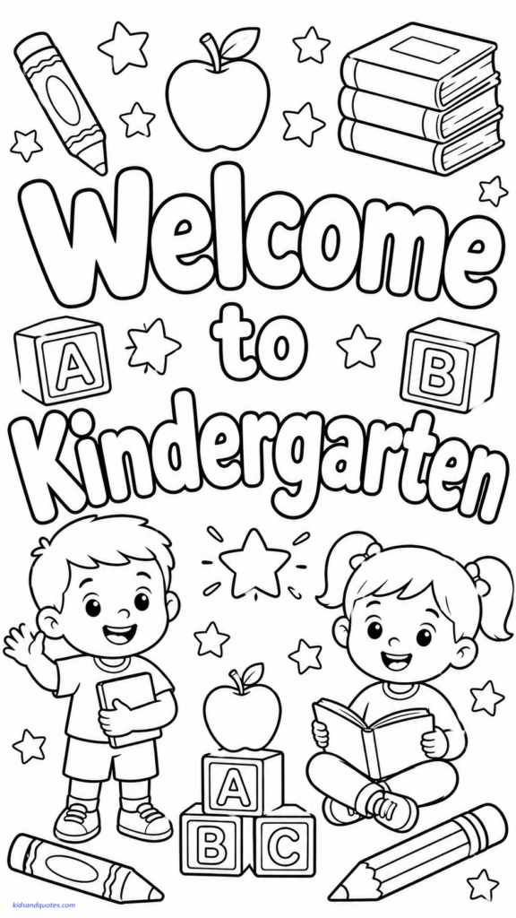 Coloring page with large playful letters saying “Welcome to Kindergarten.” 