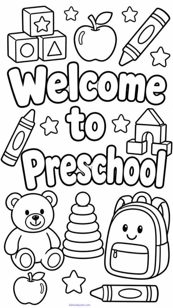Preschool coloring page with large clear bubble letters saying “Welcome to Preschool.” 