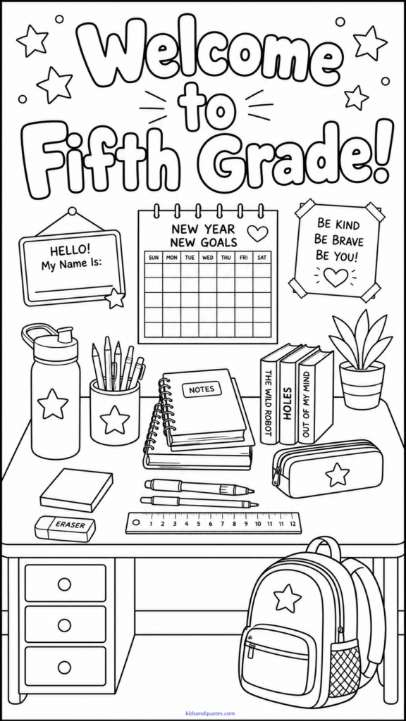 A slightly more mature desk scene with notebooks, chapter books, a water bottle, pencil case, and sticky notes. Text: “Welcome to Fifth Grade!”