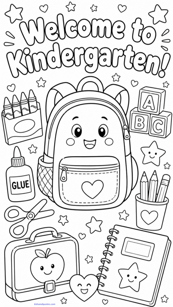 A cute backpack with crayons, glue, scissors, ABC blocks, and a lunchbox around it. Text above: “Welcome to Kindergarten!”