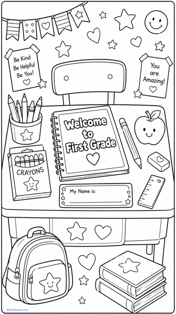 Coloring page of a neat school desk with a notebook, pencil, name tag, apple, and crayons. Text on the notebook: “Welcome to First Grade.”