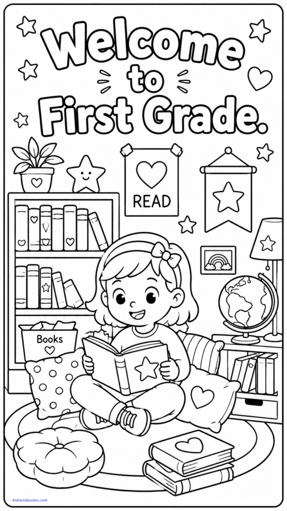 A cozy classroom reading nook with bookshelves, pillows, a globe, and a child reading. Text: “Welcome to First Grade.”
