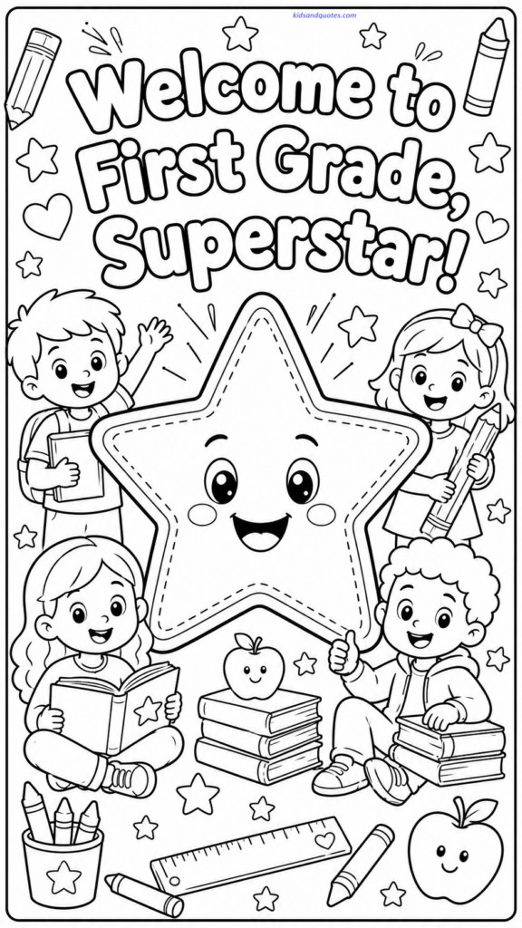 Welcome to First Grade Coloring Page: A large star in the center surrounded by smaller stars, school supplies, and smiling kids. Text: “Welcome to First Grade, Superstar!”