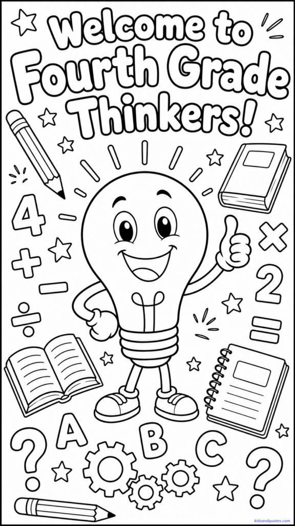 Coloring page of a fun lightbulb character surrounded by math symbols, books, pencils, and stars. Text: “Welcome to Fourth Grade Thinkers!”