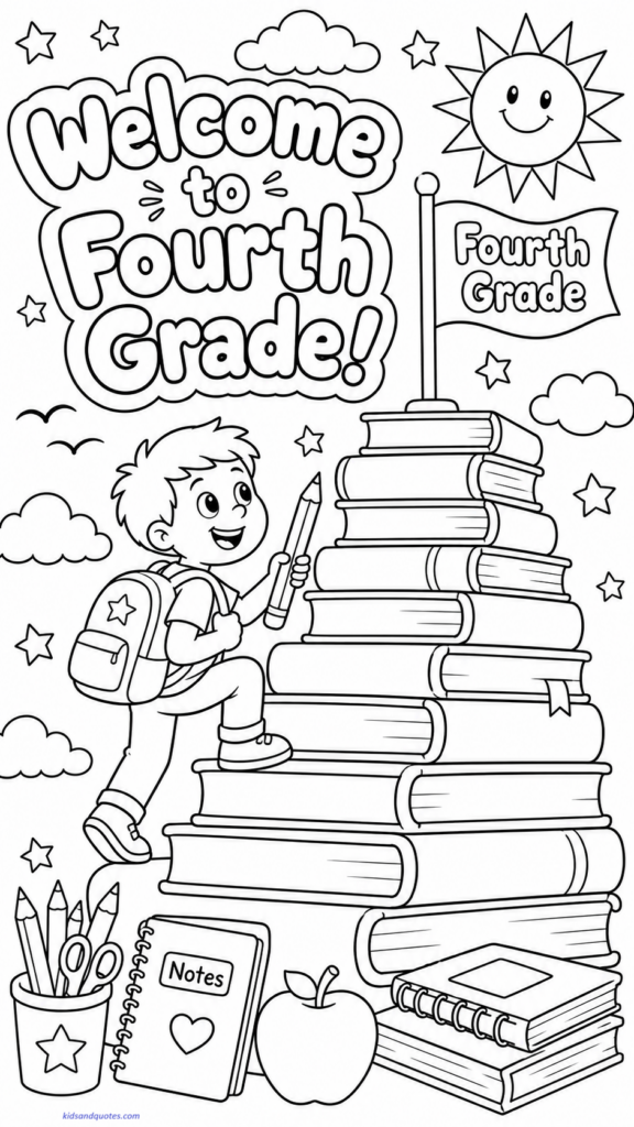 A child climbing a gentle mountain made of stacked books, with a flag at the top saying: “Fourth Grade.”