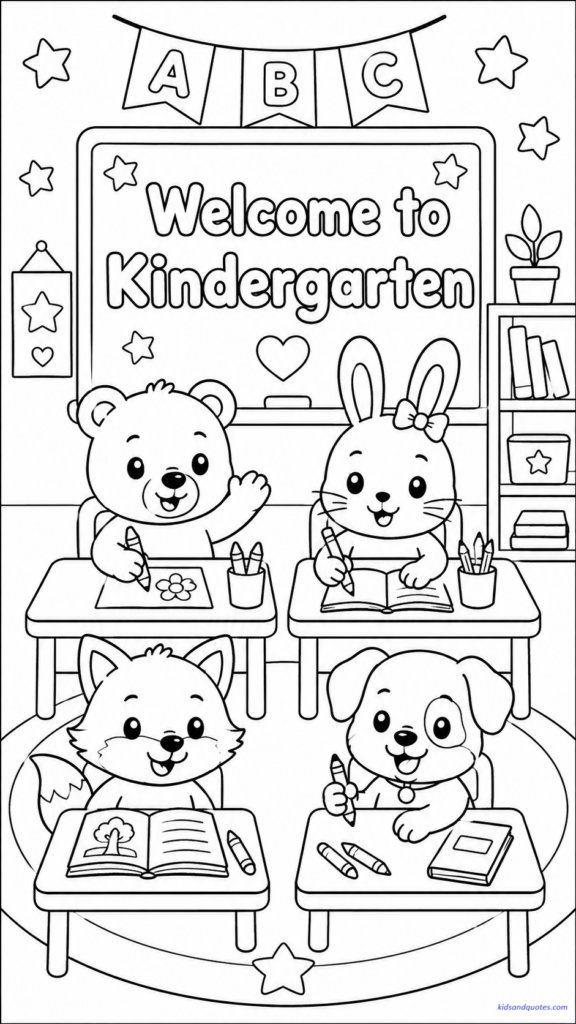 A group of friendly animals like a bear, bunny, fox, and puppy sitting at tiny desks with crayons. Text: “Welcome to Kindergarten.”