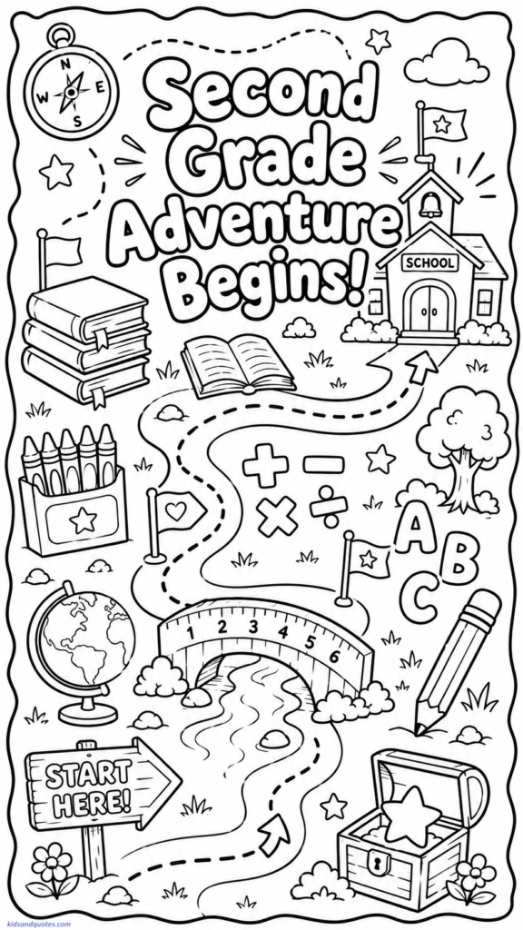 Coloring page: A playful treasure-map style classroom adventure with books, pencils, math symbols, and a path leading to school. Text: “Second Grade Adventure Begins!”