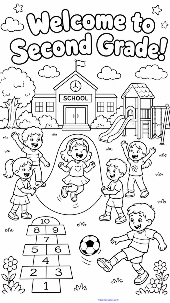 Free coloring sheet: Kids playing jump rope, kicking a ball, and laughing near the school playground. Text: “Welcome to Second Grade!”