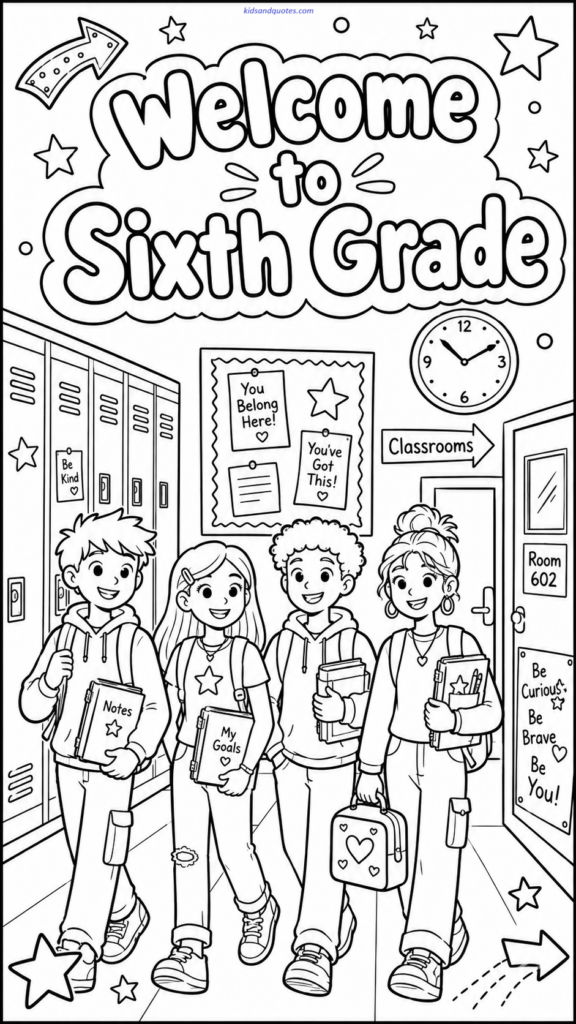 A cool but kid-friendly hallway scene with lockers, classroom signs, books, and students heading to class. Text: “Welcome to Sixth Grade.”