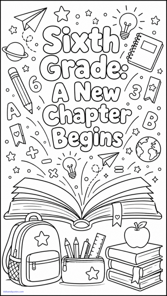 An open book with stars, pencils, numbers, and doodles flying out of it. Text: “Sixth Grade: A New Chapter Begins.”