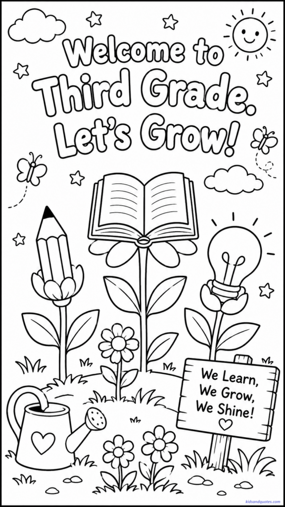 Flowers shaped like books, pencils, and lightbulbs growing in a garden. Text: “Welcome to Third Grade. Let’s Grow!”