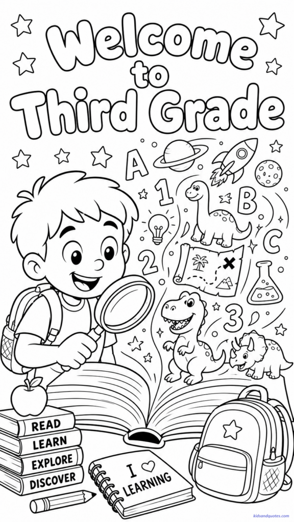 A child holding a magnifying glass over an open book, with little doodles of dinosaurs, maps, planets, and numbers rising from the pages. Text: “Welcome to Third Grade.”