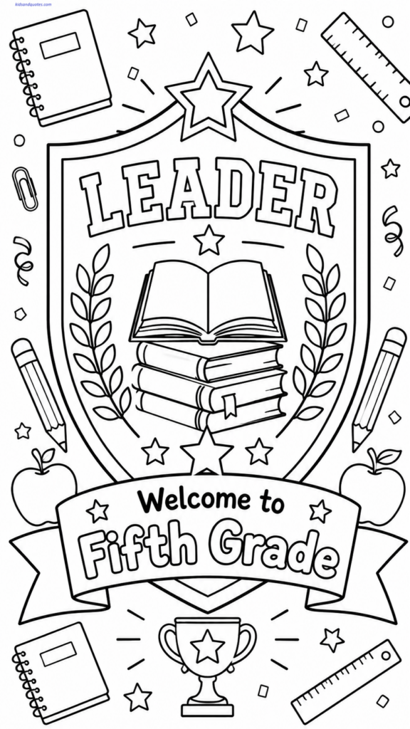 A large badge or shield design with books, stars, pencils, and a ribbon that says: “Welcome to Fifth Grade.”