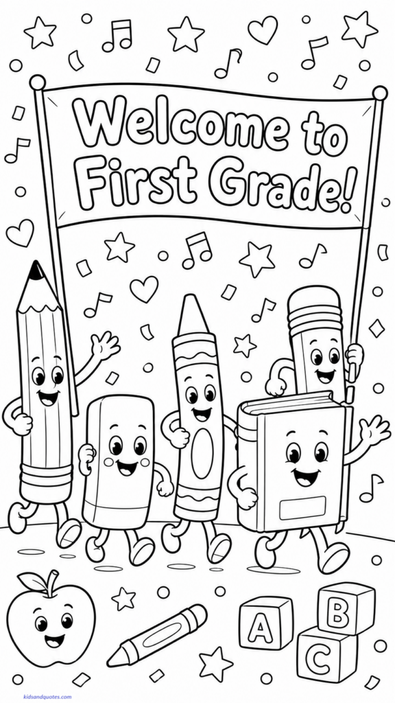 Coloring page of a fun parade of pencils, erasers, crayons, and books marching with a banner that says: “Welcome to First Grade!”
