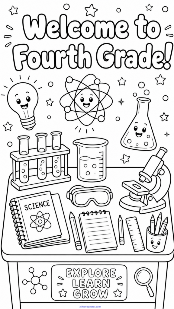 A kid-friendly science table with beakers, a microscope, notebooks, and smiling little science doodles. Text: “Welcome to Fourth Grade!”