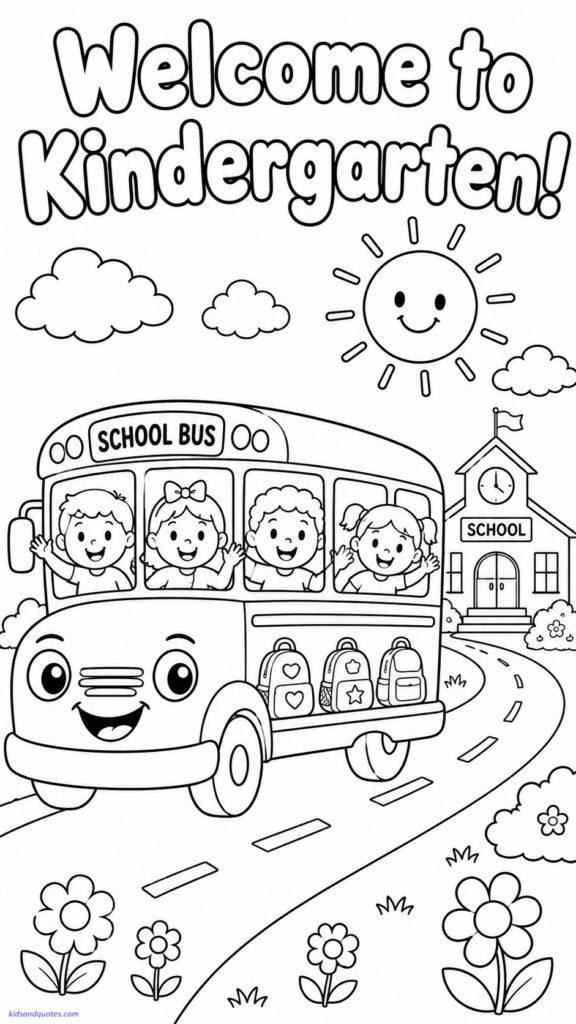Free printable coloring page: A cheerful school bus with smiling kids waving from the windows, backpacks beside them, and big bubble text: “Welcome to Kindergarten!”