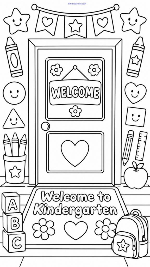 Coloring sheet: A decorated classroom door with crayons, stars, alphabet blocks, and a welcome mat that says: “Welcome to Kindergarten.”