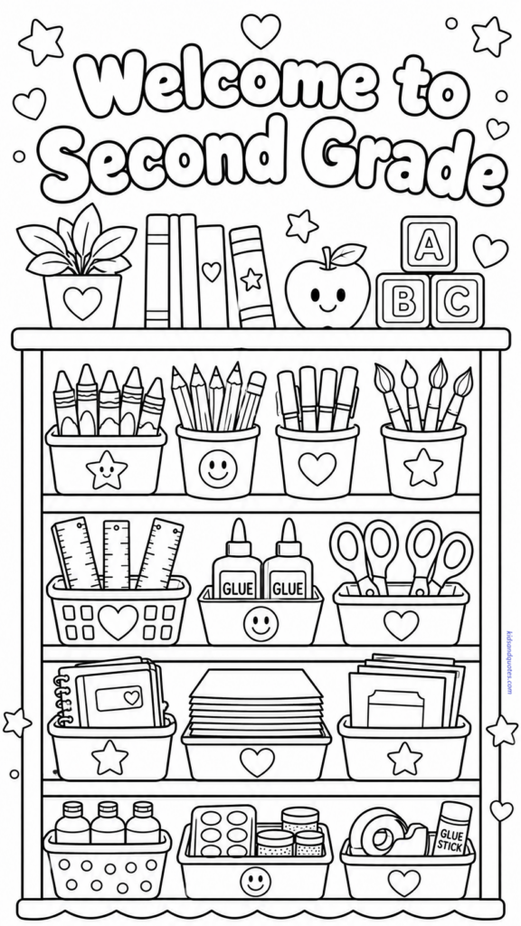 Coloring page of a classroom shelf filled with books, crayons, rulers, glue, paper, and art supplies. Text above: “Welcome to Second Grade.”
