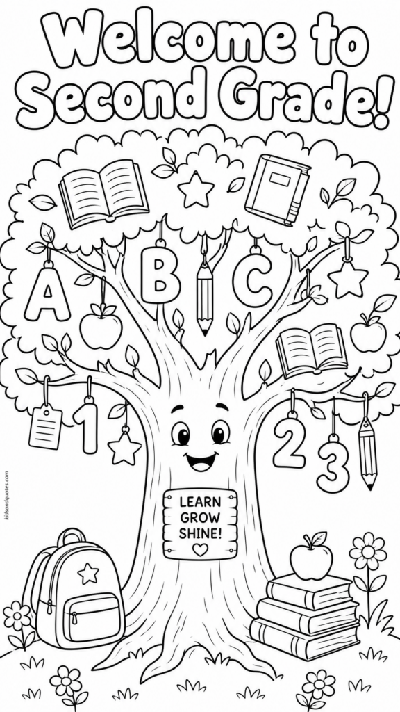 A big tree with books, numbers, letters, and stars hanging from the branches. Text: “Welcome to Second Grade!”