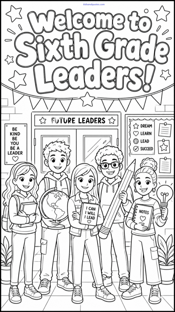 A group of confident students holding books, a globe, a pencil, and a lightbulb sign. Text: “Welcome to Sixth Grade Leaders!”