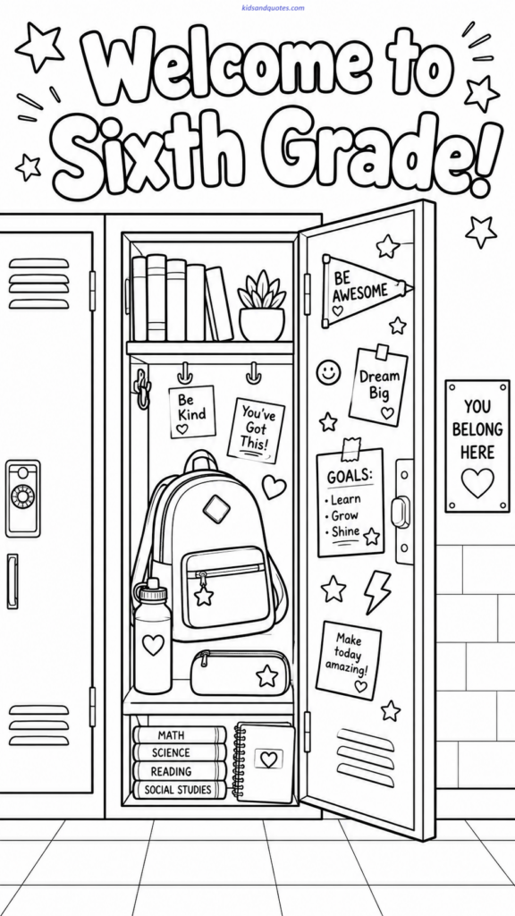 A school locker decorated with books, sneakers, sticky notes, stars, and a backpack. Text: “Welcome to Sixth Grade!”